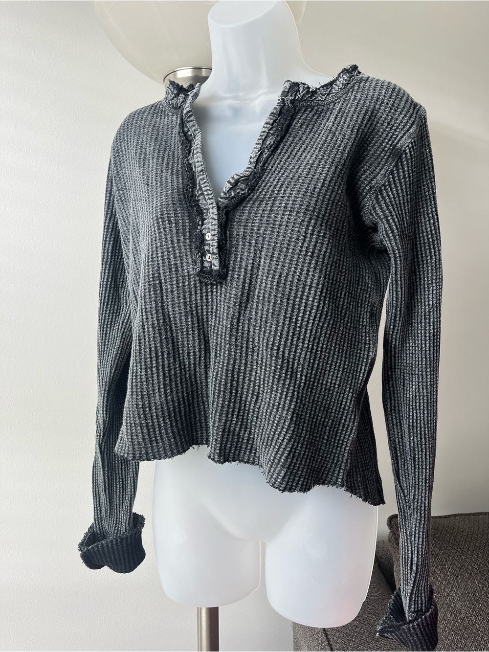 Free People Waffle Knit Ruffle Henley Top in Charcoal Gray